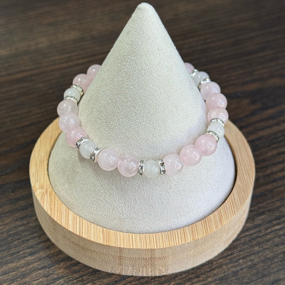 Rose Quartz and White Jade Bracelet Stretchy Calming Love Keepsake Wedding Favor
